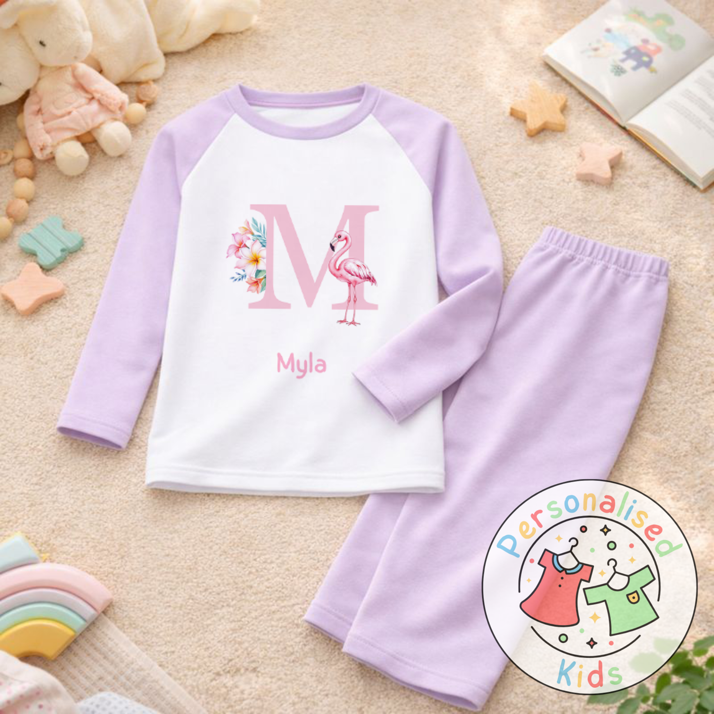 Personalised Pink Flamingo Kids Pyjamas PF002