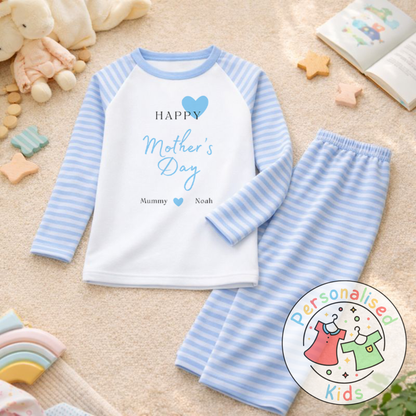 Personalised Mother’s Day Kids Pyjamas | Blue Heart Design | Custom Names MD002