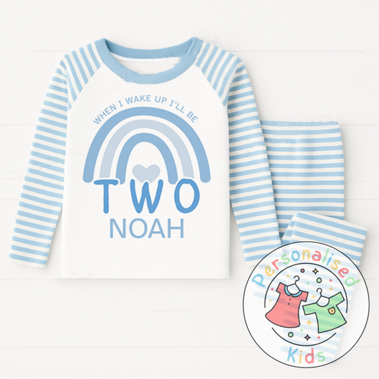 Personalised Blue Rainbow Birthday Pyjamas – “When I Wake Up, I Will Be” Design