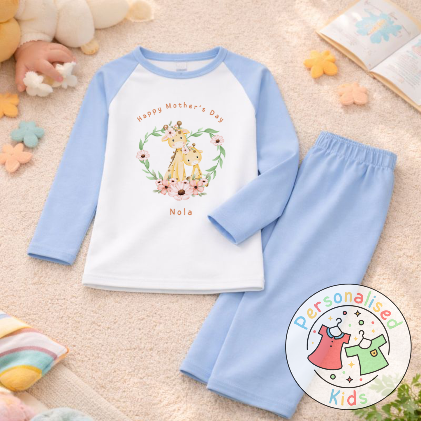 Personalised Mother’s Day Kids Pyjamas – Floral Giraffe | Custom Name | MD005
