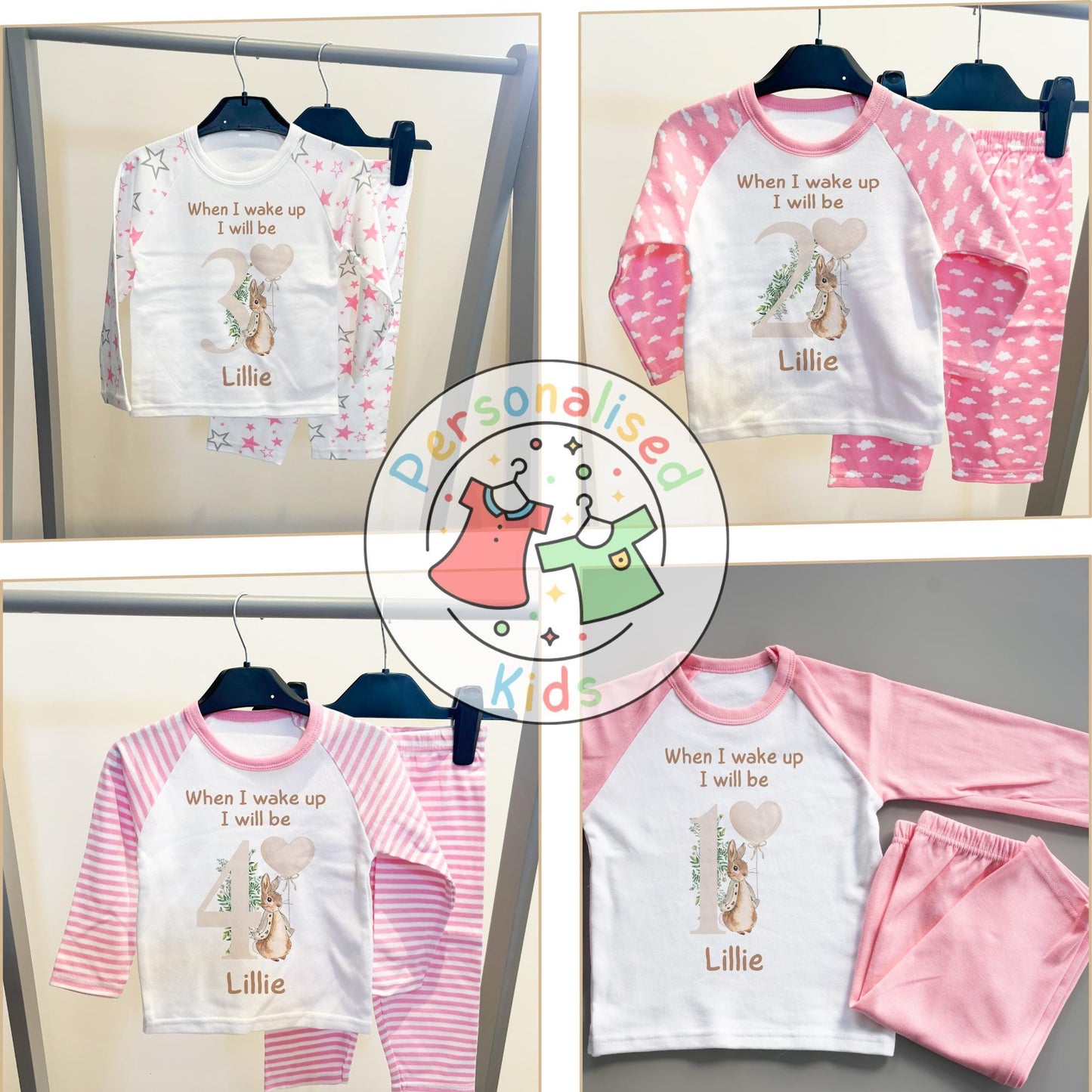 🐰 Personalised "When I Wake Up, I Will Be" Neutral Floppy Rabbit Birthday Pyjamas – Custom Age & Name 🎈