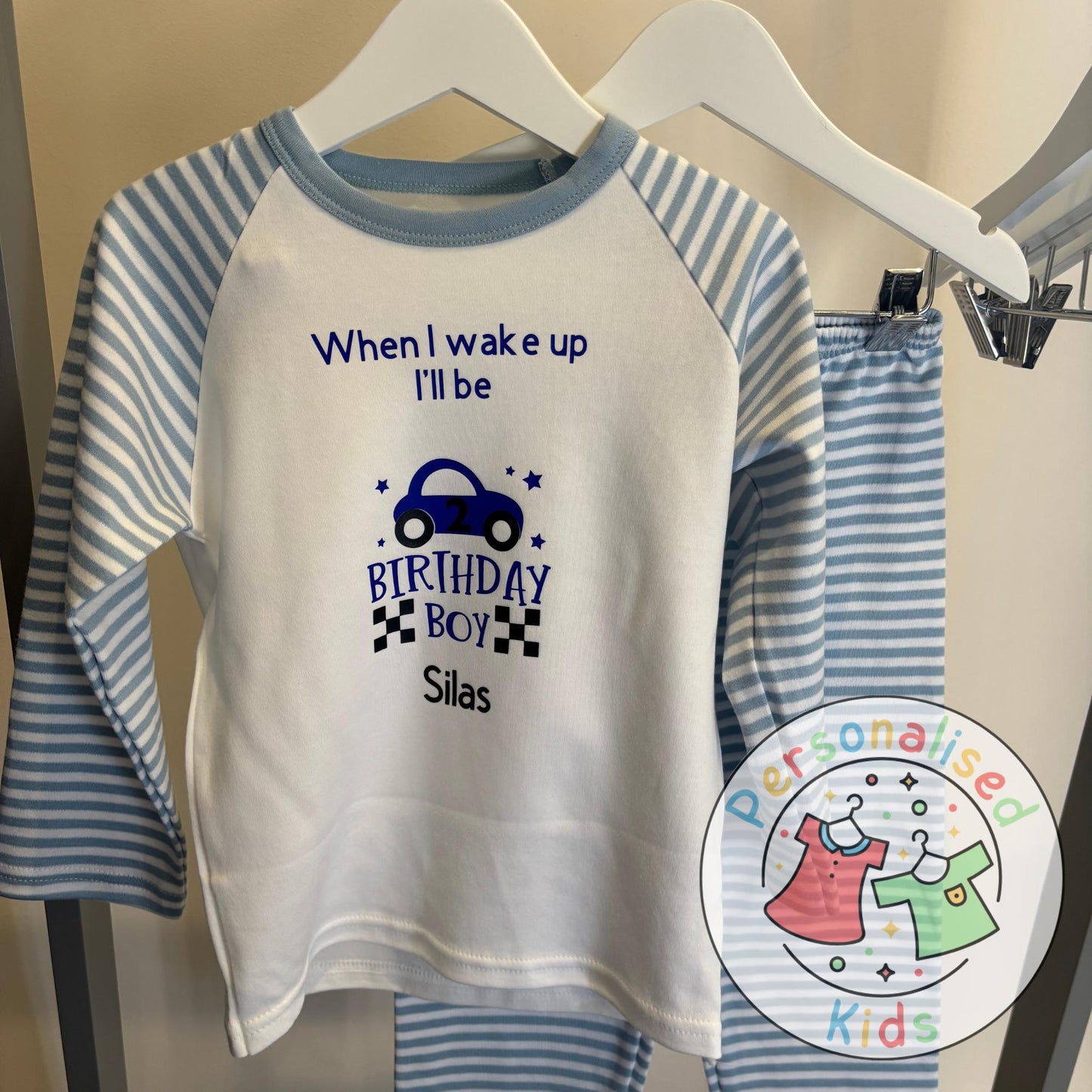 🏁 Personalised Car Theme Birthday Pyjamas – "When I Wake Up, I Will Be" Design 🏎️
