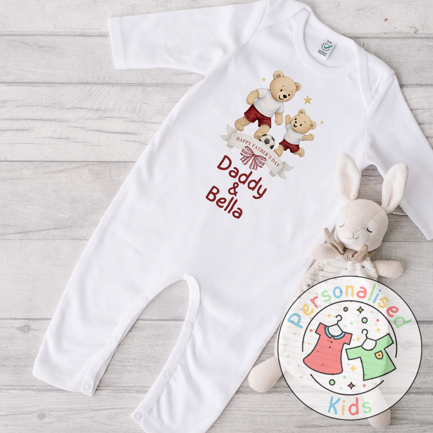 Personalised Father’s Day Baby Grow – Daddy & Me Teddy Bears Playing Football
