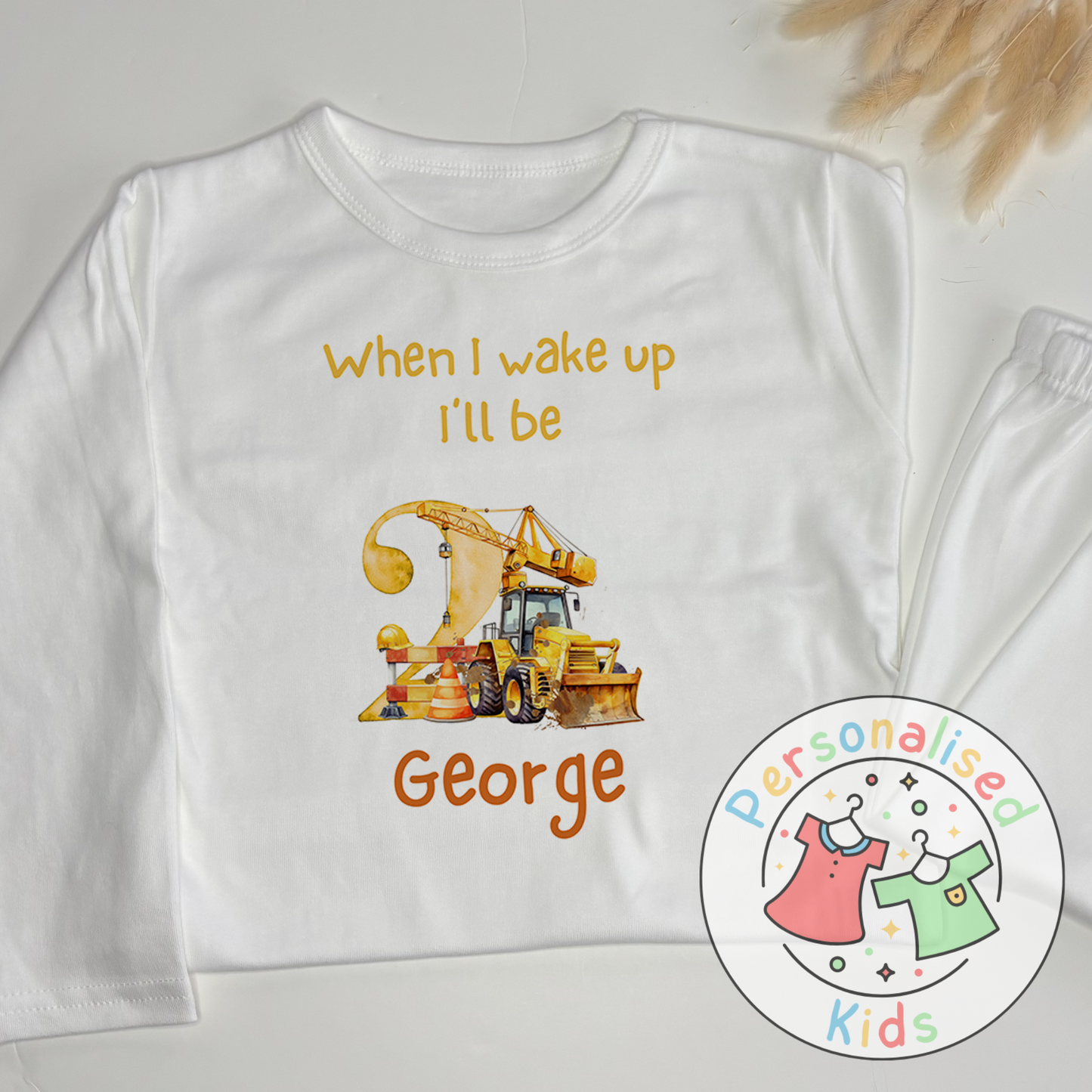 Personalised Diggerland Birthday Pyjamas – “When I Wake Up, I Will Be” Construction Theme