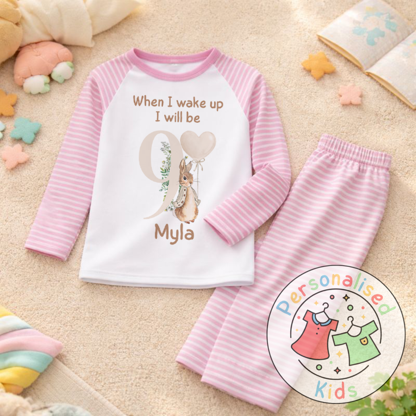 Personalised Neutral Floppy Rabbit Birthday Pyjamas