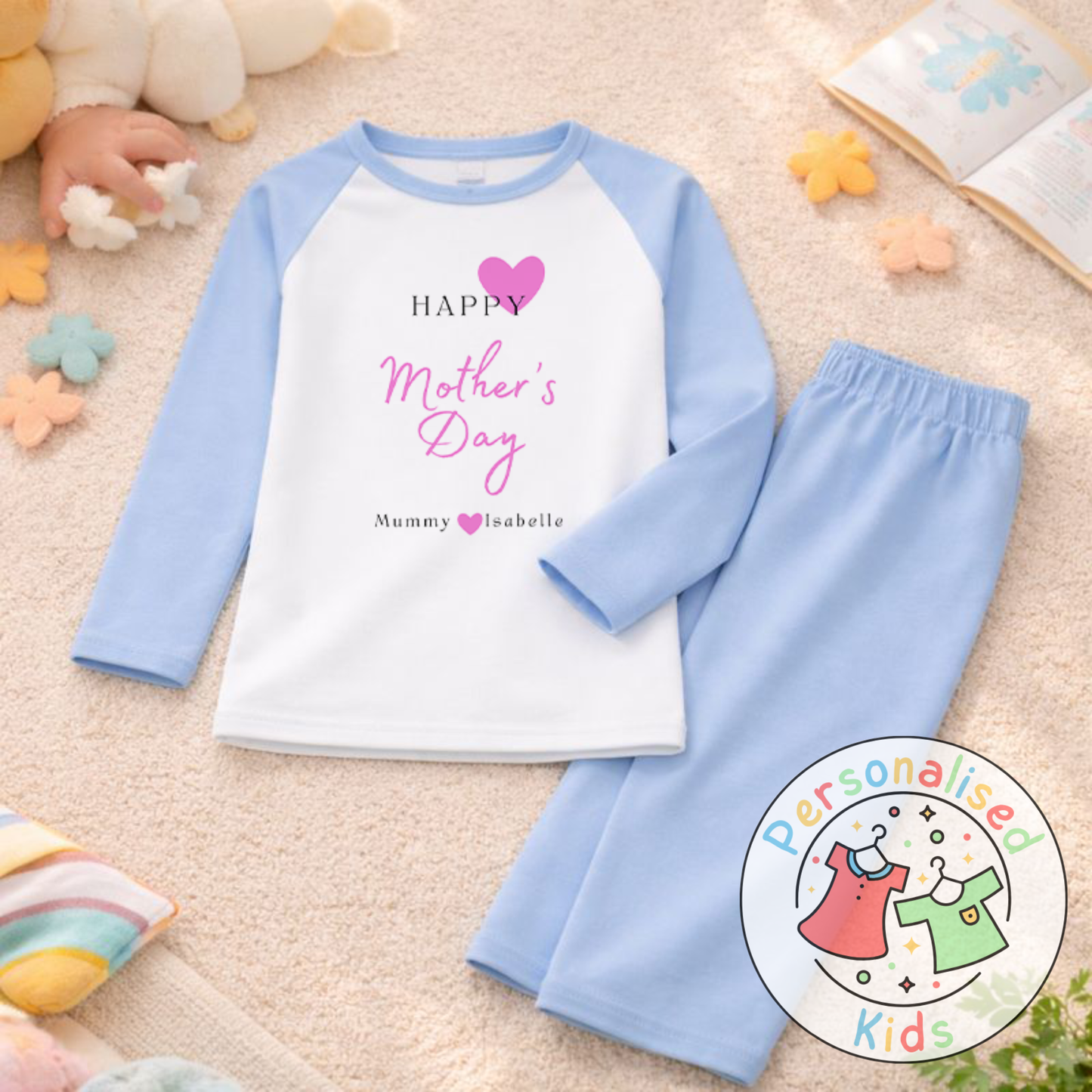 Personalised Mother’s Day Kids Pyjamas | Pink Heart Design | Custom Names MD003