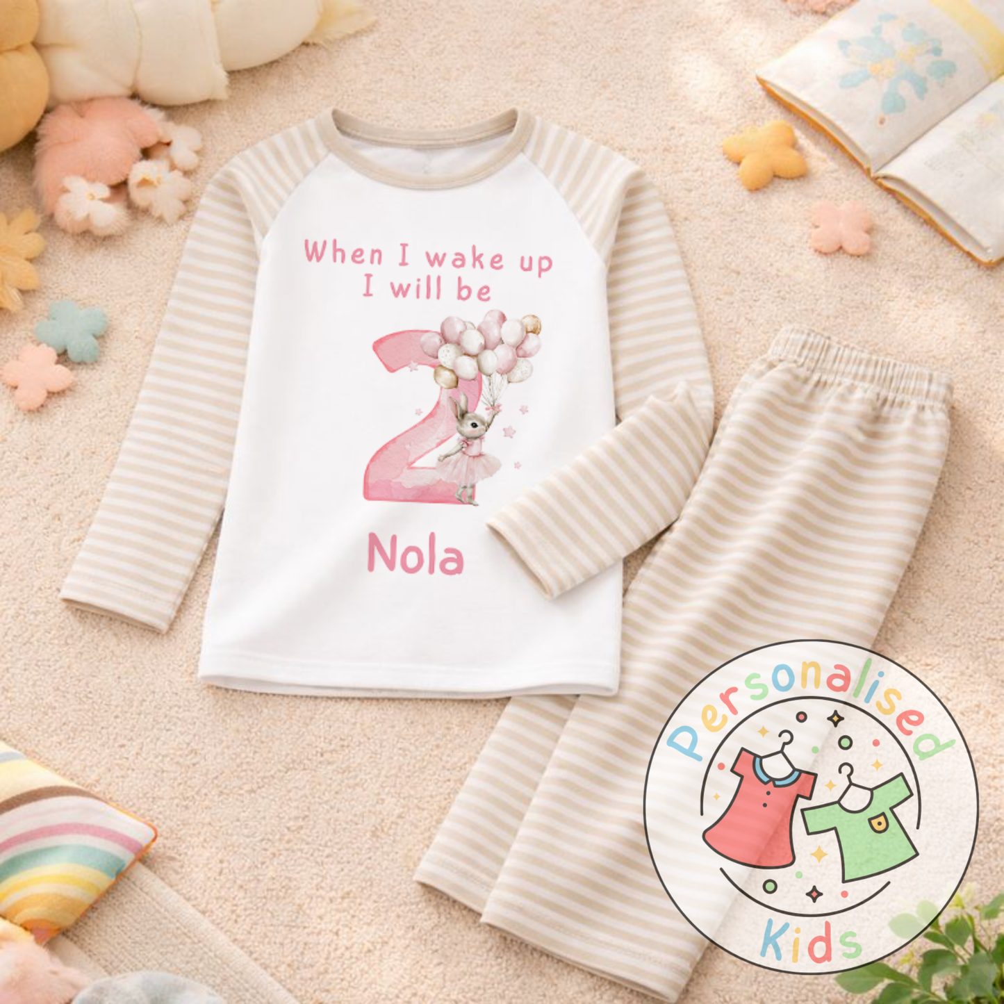 Personalised "When I Wake Up, I Will Be" Pink Floppy Rabbit Birthday Pyjamas – Custom Age & Name