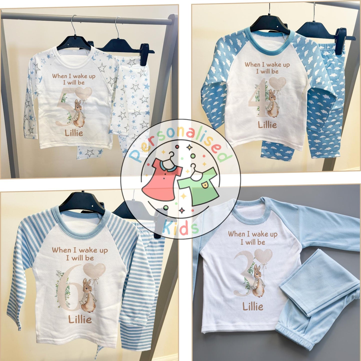 🐰 Personalised "When I Wake Up, I Will Be" Neutral Floppy Rabbit Birthday Pyjamas – Custom Age & Name 🎈