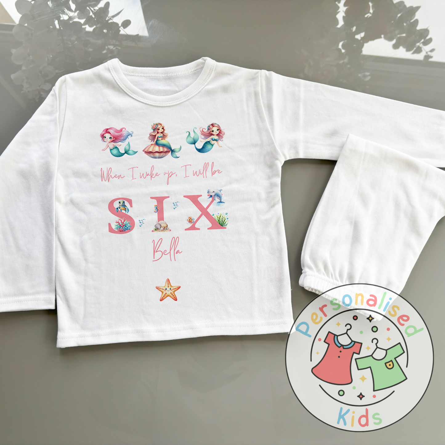 Personalised Mermaid Birthday Pyjamas – “When I Wake Up, I Will Be” Design PINK WORD