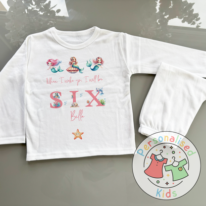 Personalised Mermaid Birthday Pyjamas – “When I Wake Up, I Will Be” Design PINK WORD