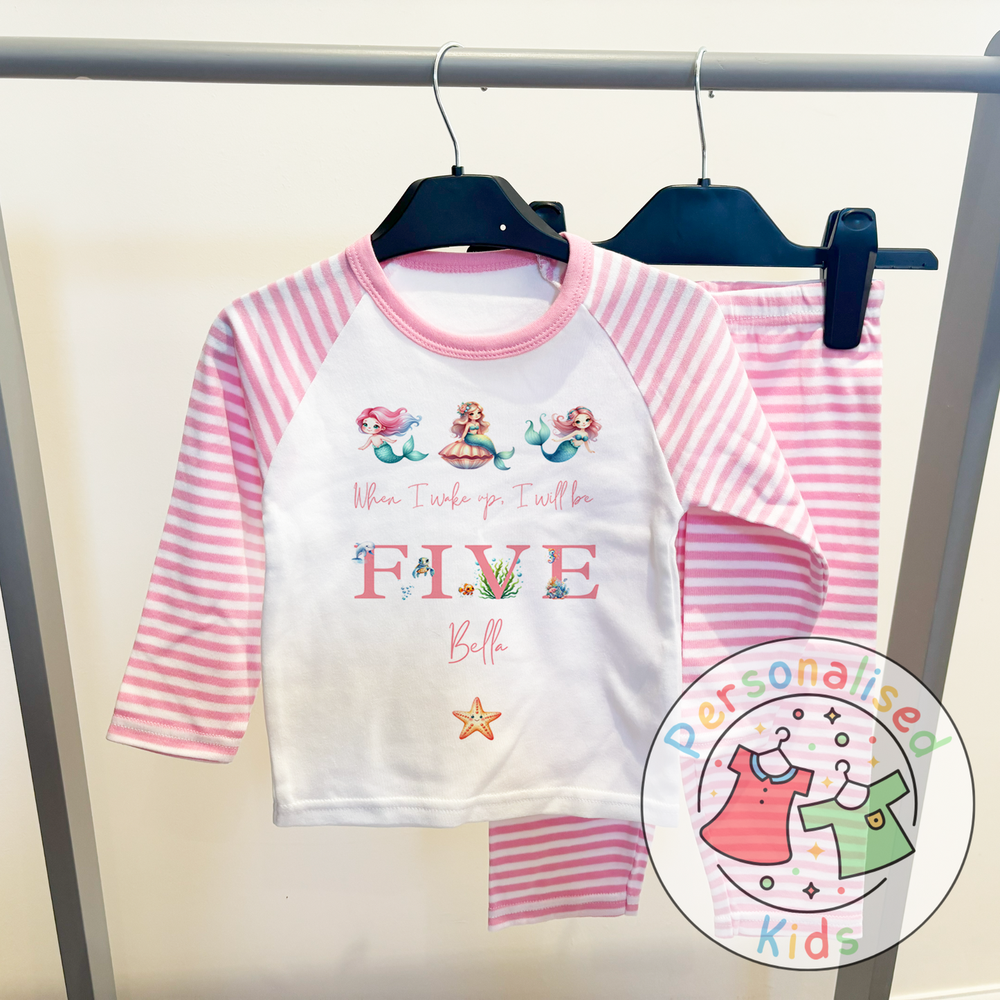 Personalised Mermaid Birthday Pyjamas – “When I Wake Up, I Will Be” Design PINK WORD