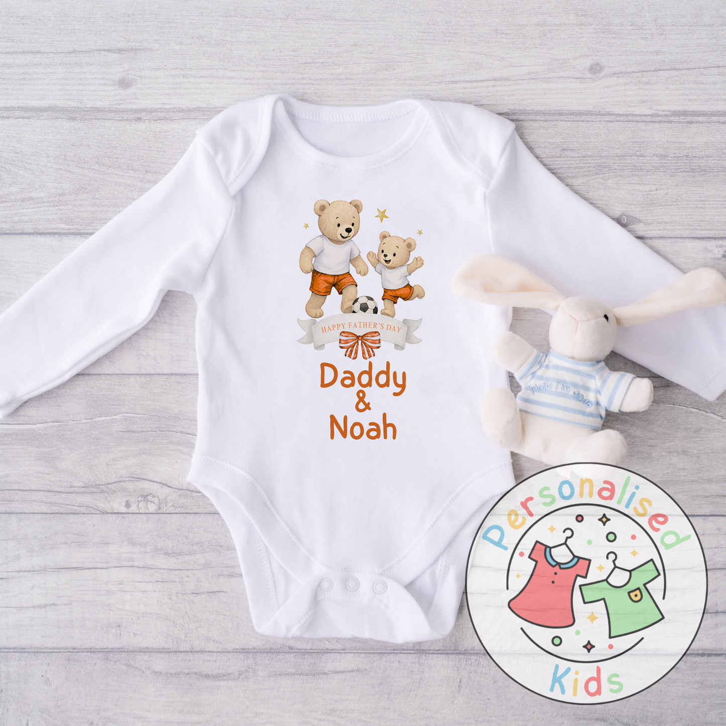 Personalised Father’s Day Baby Grow – Daddy & Me Teddy Bears Playing Football
