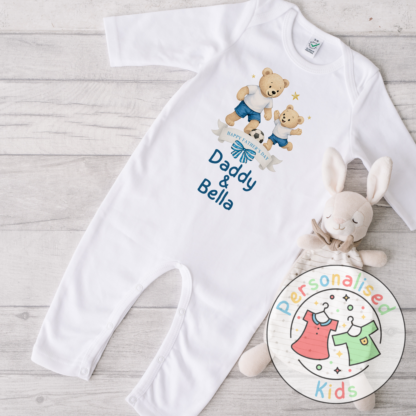 Personalised Father’s Day Baby Grow – Daddy & Me Teddy Bears Playing Football