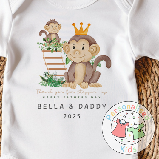 Personalised Father’s Day Baby Grow, bodysuits and romper - “Thank You for Stepping Up” Monkey Design