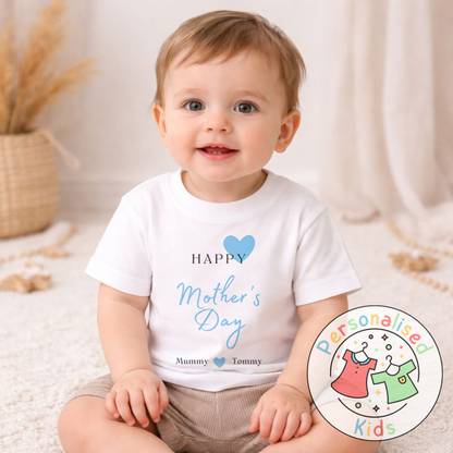 Personalised Mother’s Day Kids T-Shirt | Blue Heart Design | Custom Names MD002