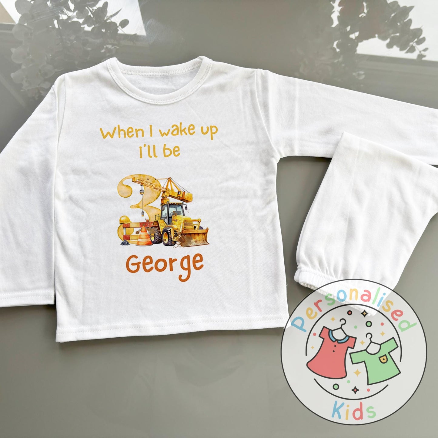Personalised Diggerland Birthday Pyjamas – “When I Wake Up, I Will Be” Construction Theme