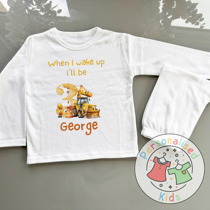 Personalised Diggerland Birthday Pyjamas – “When I Wake Up, I Will Be” Construction Theme
