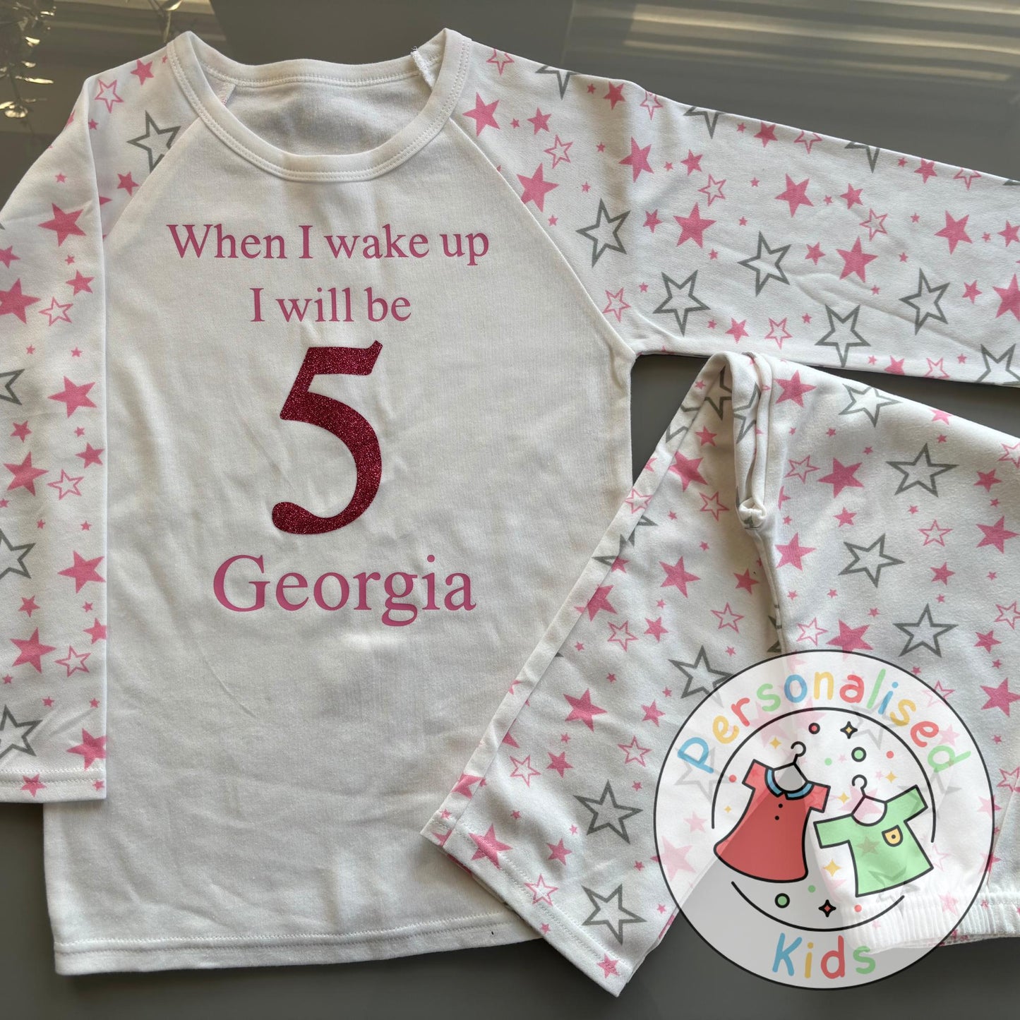 Personalised Glitter Birthday Pyjamas – “When I Wake Up, I Will Be” Sparkly Design