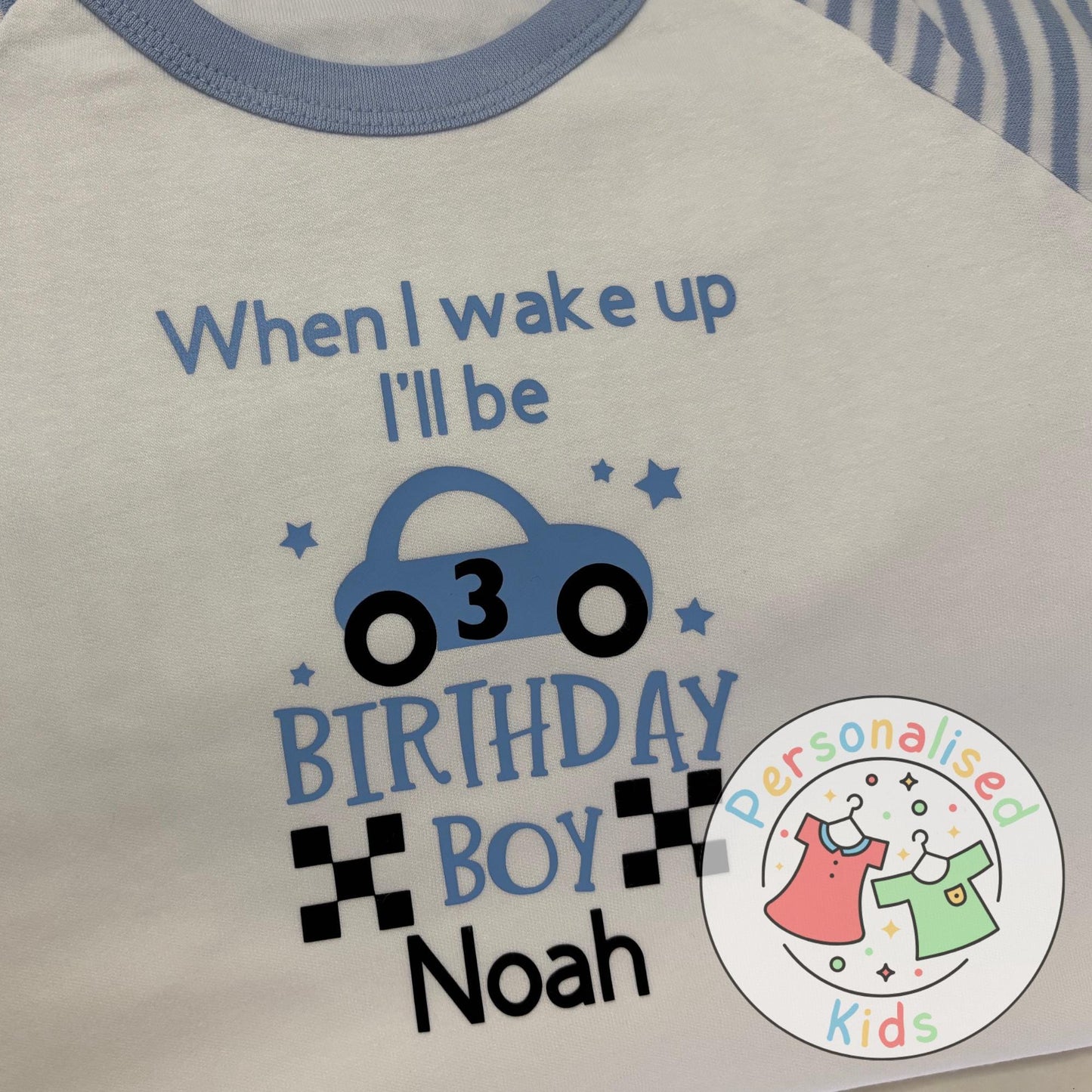 🏁 Personalised Car Theme Birthday Pyjamas – "When I Wake Up, I Will Be" Design 🏎️