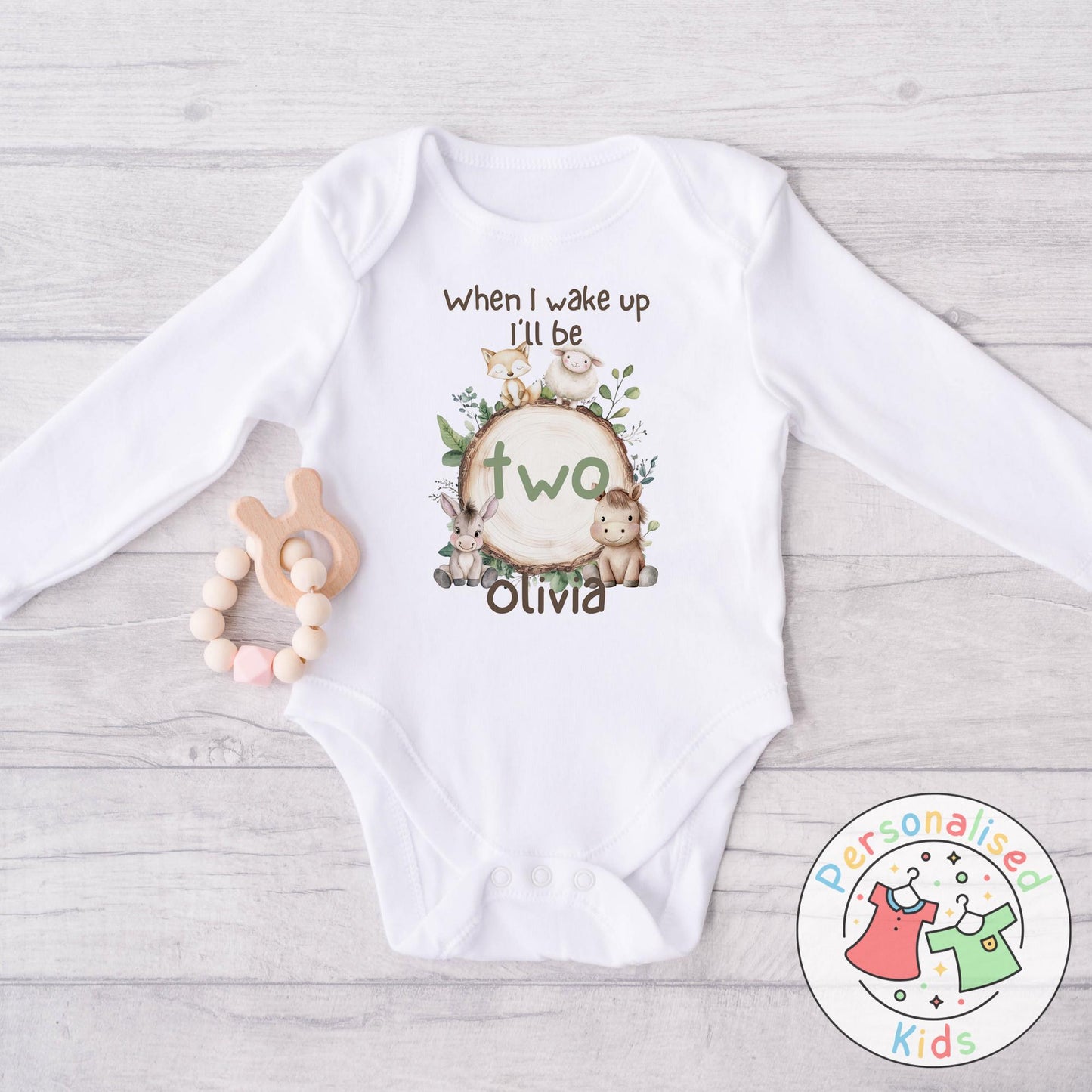 🦊🐴 Personalised "When I Wake Up, I Will Be" Woodland Animal Birthday Baby Grow, Bodysuit, or Sleepsuit 🐑🐴