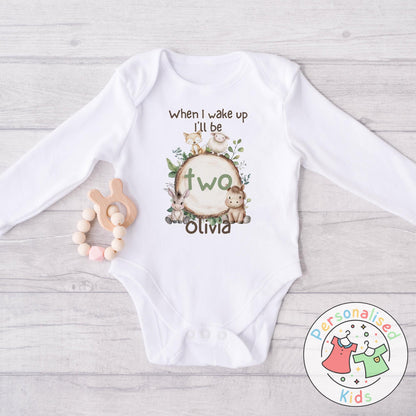 🦊🐴 Personalised "When I Wake Up, I Will Be" Woodland Animal Birthday Baby Grow, Bodysuit, or Sleepsuit 🐑🐴