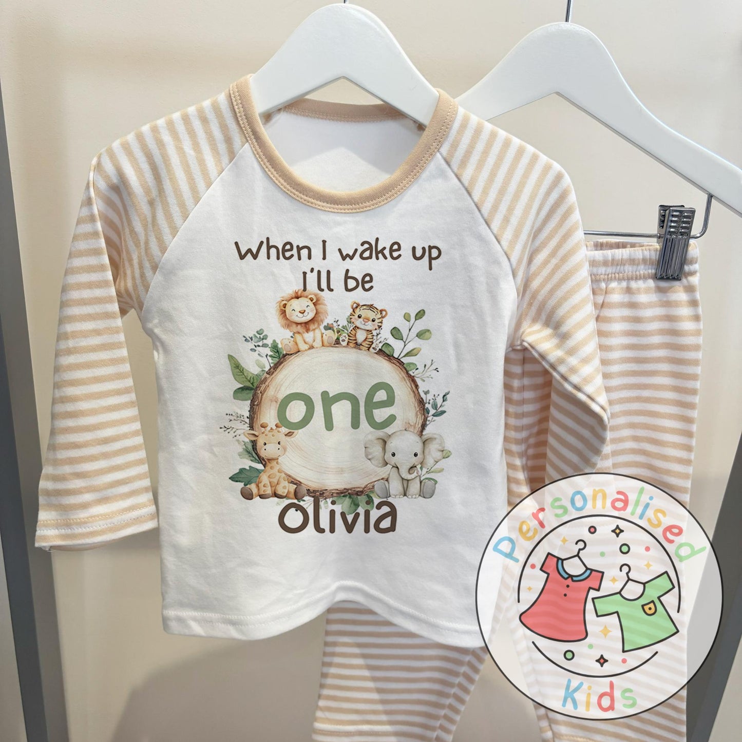Personalised Safari Animals Birthday Pyjamas – “When I Wake Up I Will Be” Design