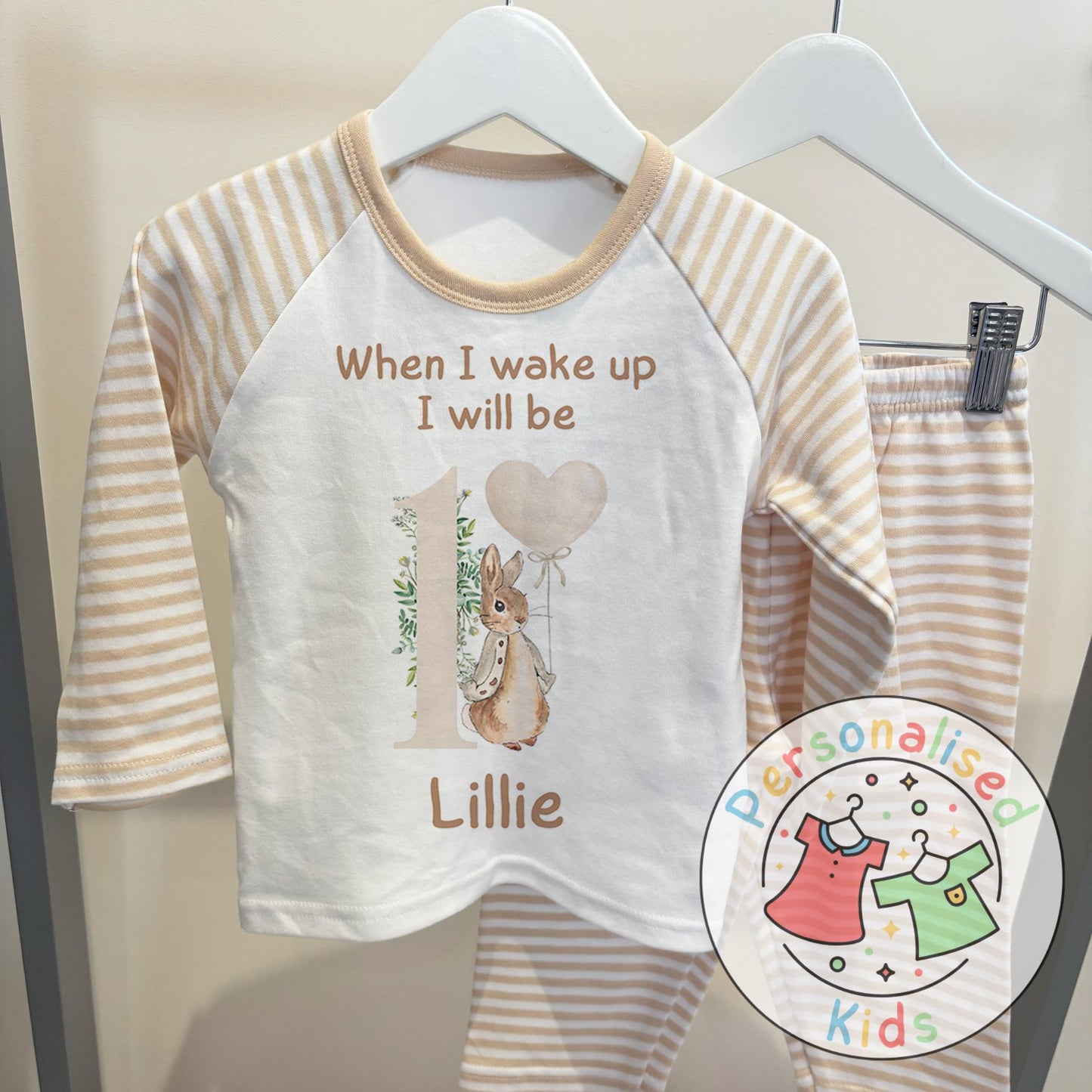 🐰 Personalised "When I Wake Up, I Will Be" Neutral Floppy Rabbit Birthday Pyjamas – Custom Age & Name 🎈