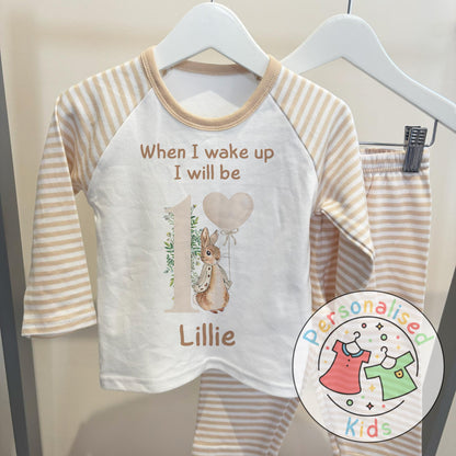 🐰 Personalised "When I Wake Up, I Will Be" Neutral Floppy Rabbit Birthday Pyjamas – Custom Age & Name 🎈
