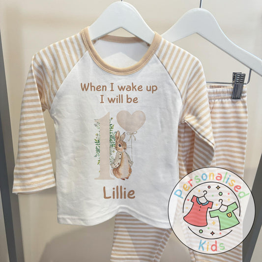 🐰 Personalised "When I Wake Up, I Will Be" Neutral Floppy Rabbit Birthday Pyjamas – Custom Age & Name 🎈
