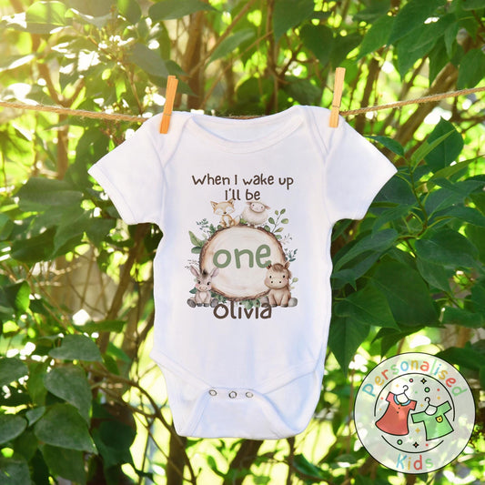 🦊🐴 Personalised "When I Wake Up, I Will Be" Woodland Animal Birthday Baby Grow, Bodysuit, or Sleepsuit 🐑🐴