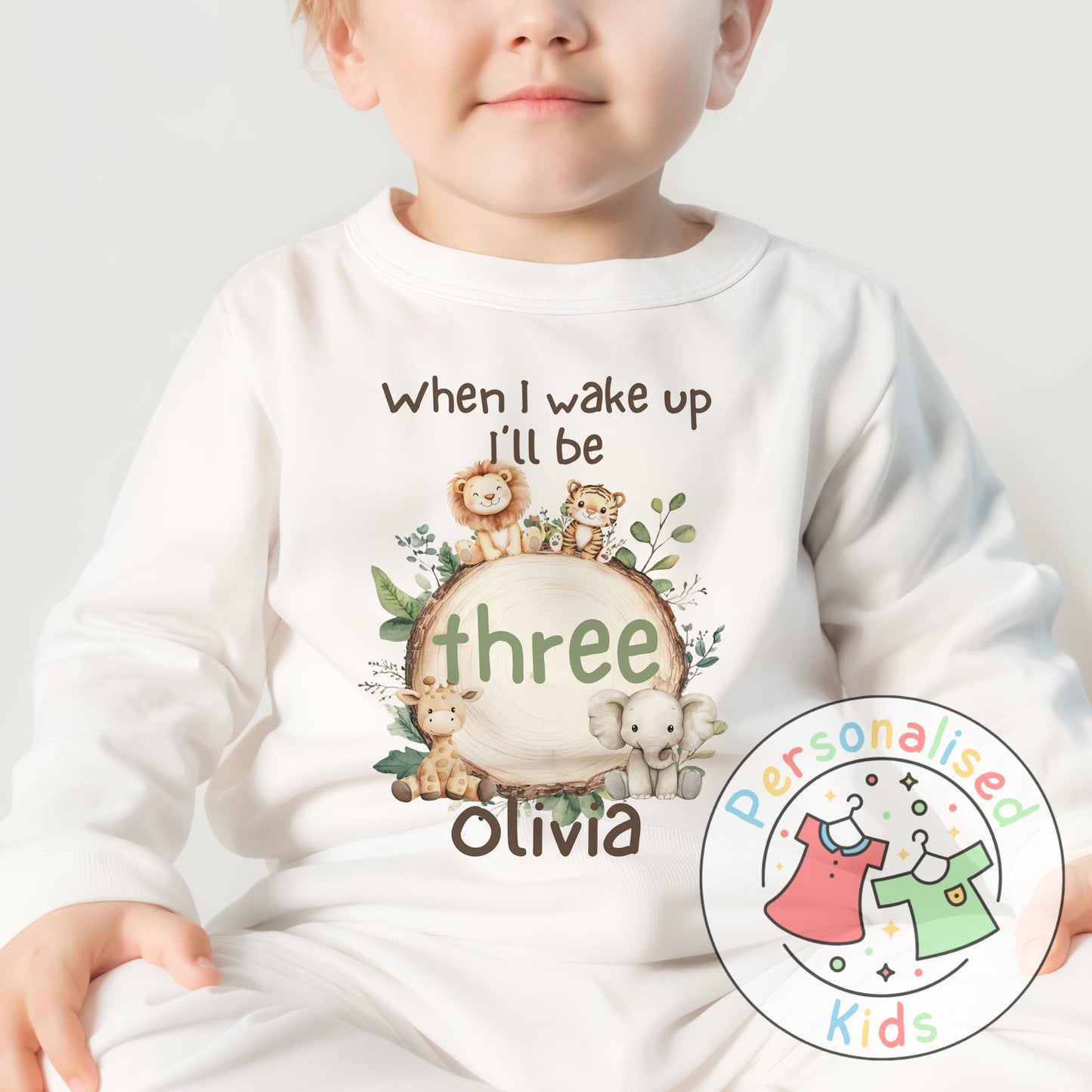 Personalised Safari Animals Birthday Pyjamas – “When I Wake Up I Will Be” Design