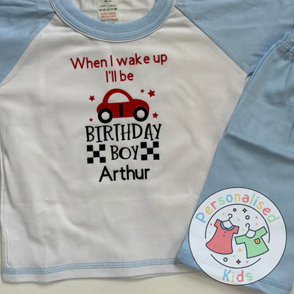 🏁 Personalised Car Theme Birthday Pyjamas – "When I Wake Up, I Will Be" Design 🏎️