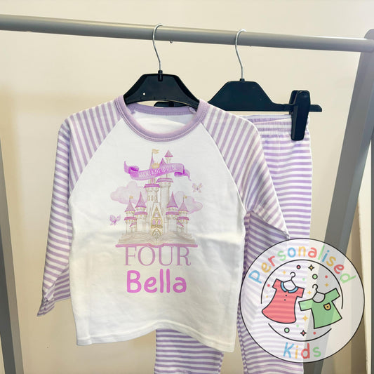 “When I Wake Up I Will Be…” Fairy Tale Castle Birthday Pyjamas – A Dreamy Way to Celebrate! Purple