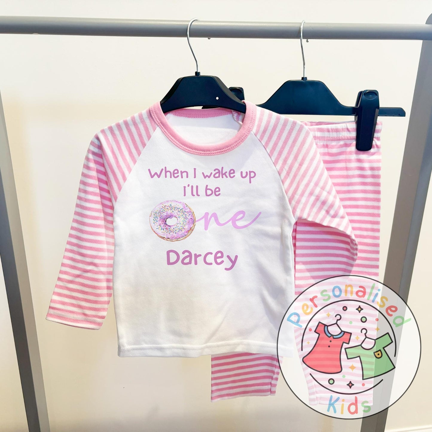 Personalised Donut First Birthday Pyjamas – “When I Wake Up, I’ll Be One” Design