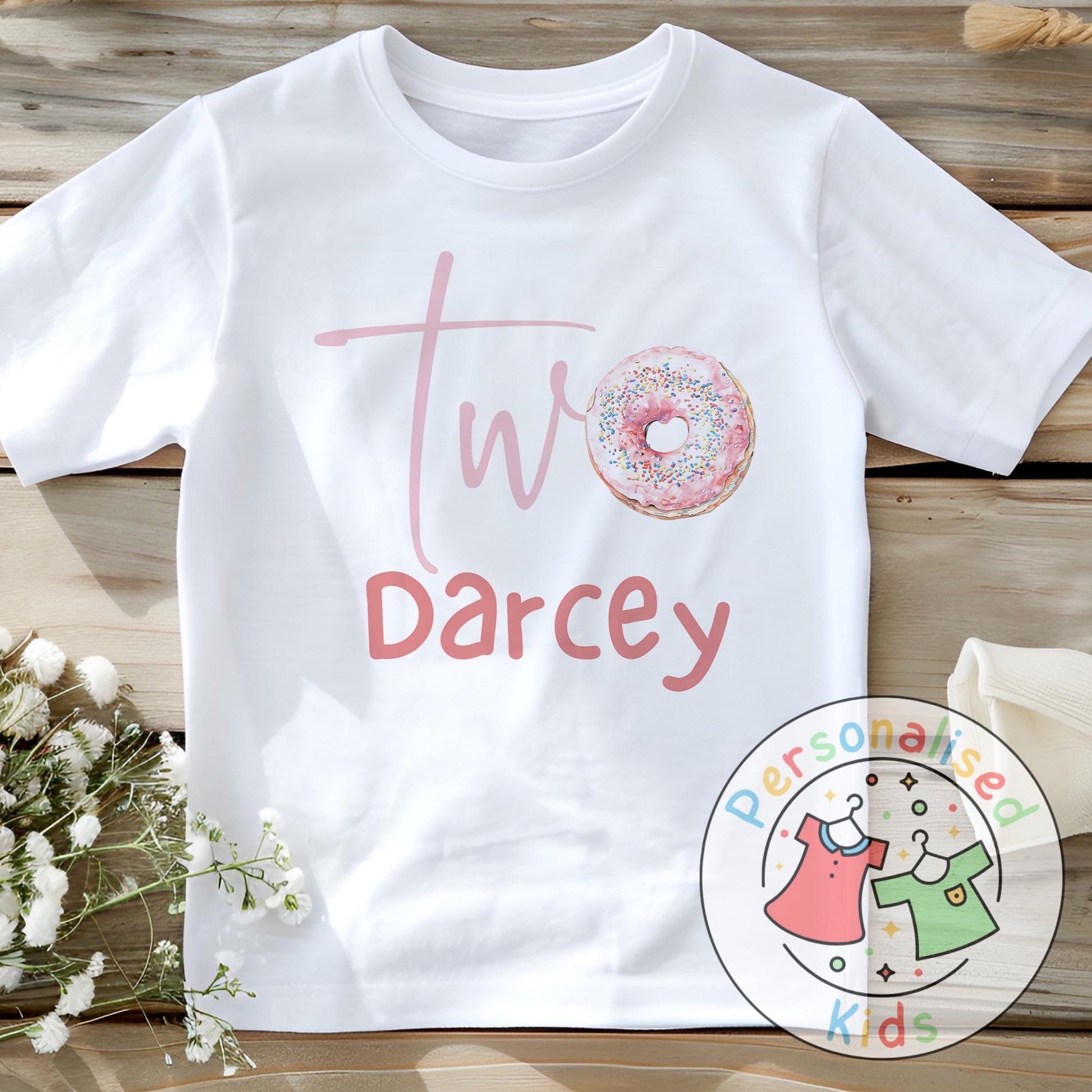 Make their 2nd birthday even sweeter with this adorable personalised donut birthday outfit! Featuring the word “Two” with a sprinkle donut design and your child’s name underneath, this cute top or baby grow is the perfect choice for a birthday celebration, cake smash, or as a special keepsake gift.