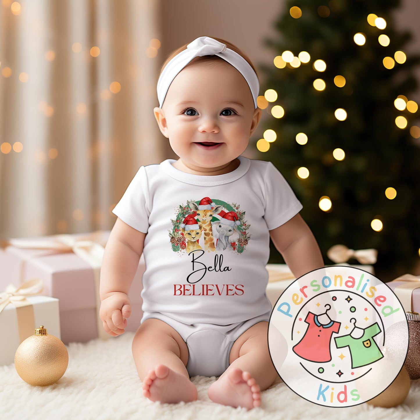 Make this Christmas even more magical with our Personalised Christmas onesie pj – perfect for the whole family! These white cotton bay onsies feature an adorable festive safari animal design, complete with your chosen name and the word &quot;BELIEVES&quot; printed underneath in bold red. Whether you&#39;re matching on Christmas morning, heading to a festive event, or capturing the perfect holiday photo, these cosy onsies are the perfect touch of personalised Christmas cheer.