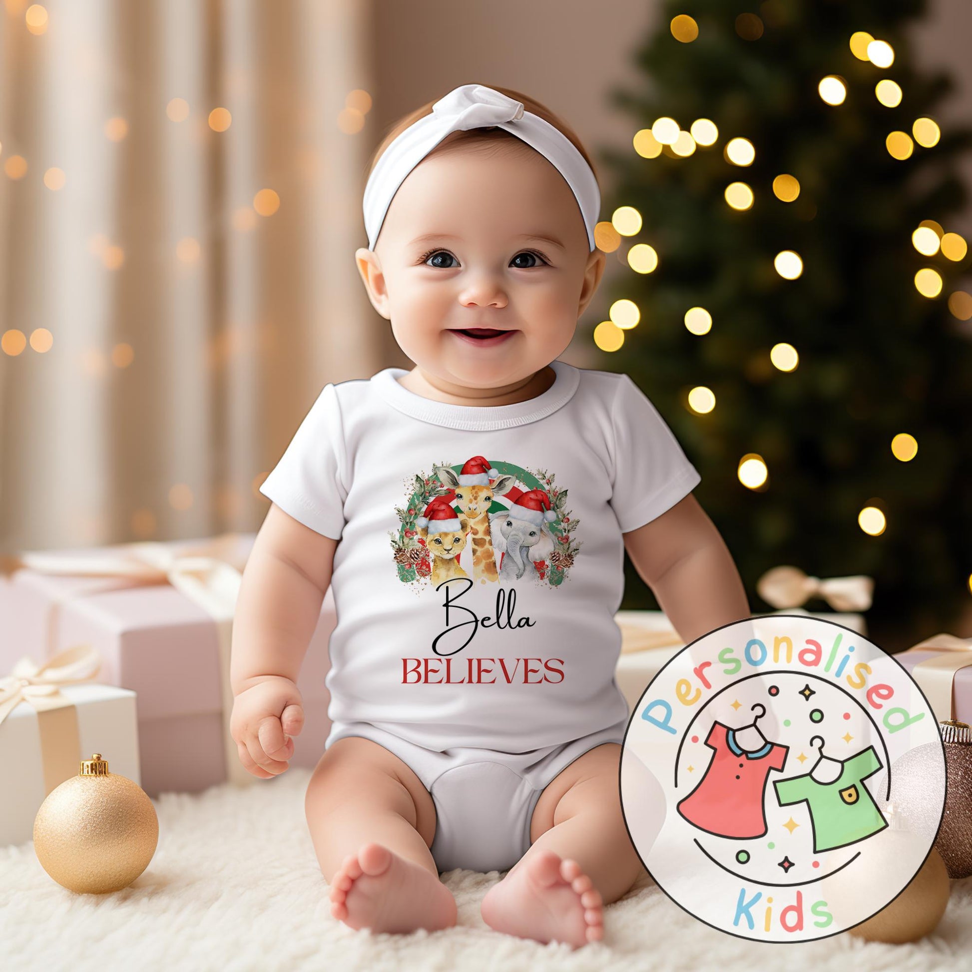 Make this Christmas even more magical with our Personalised Christmas onesie pj – perfect for the whole family! These white cotton bay onsies feature an adorable festive safari animal design, complete with your chosen name and the word &quot;BELIEVES&quot; printed underneath in bold red. Whether you&#39;re matching on Christmas morning, heading to a festive event, or capturing the perfect holiday photo, these cosy onsies are the perfect touch of personalised Christmas cheer.
