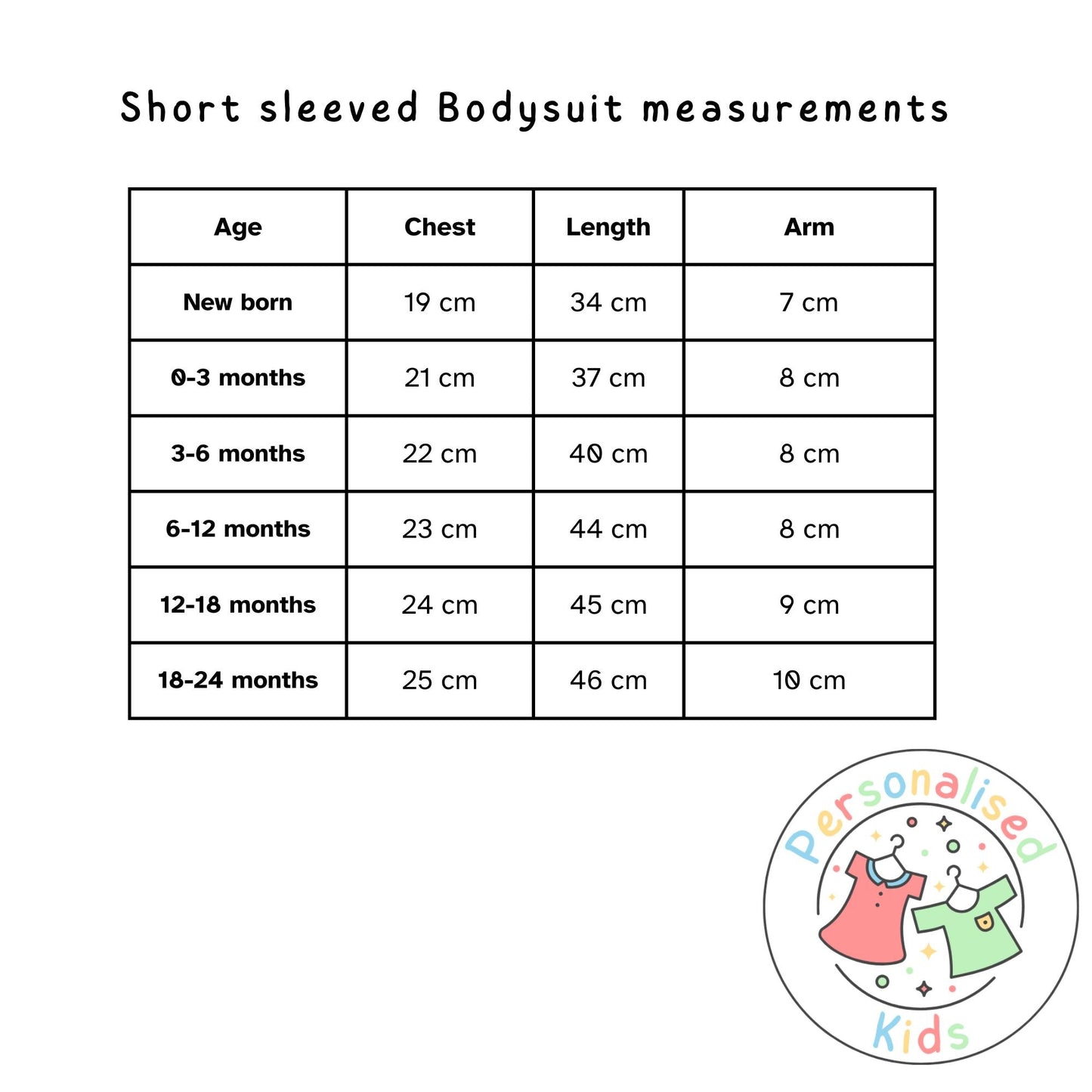 Size chart for children's tops and bottoms showing length, chest, arm, waist length measurements from new born to 5-6 years. Includes a 'Personalised Kids' logo with cartoon clothing icons in the corner.