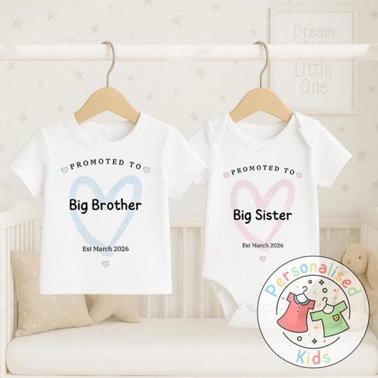 Celebrate the sweetest promotion with our adorable &quot;Promoted to Big Sister&quot; and &quot;Promoted to Big Brother&quot; outfits – perfect for pregnancy announcements, sibling reveal photos, or a thoughtful gift for the newest big sibling!