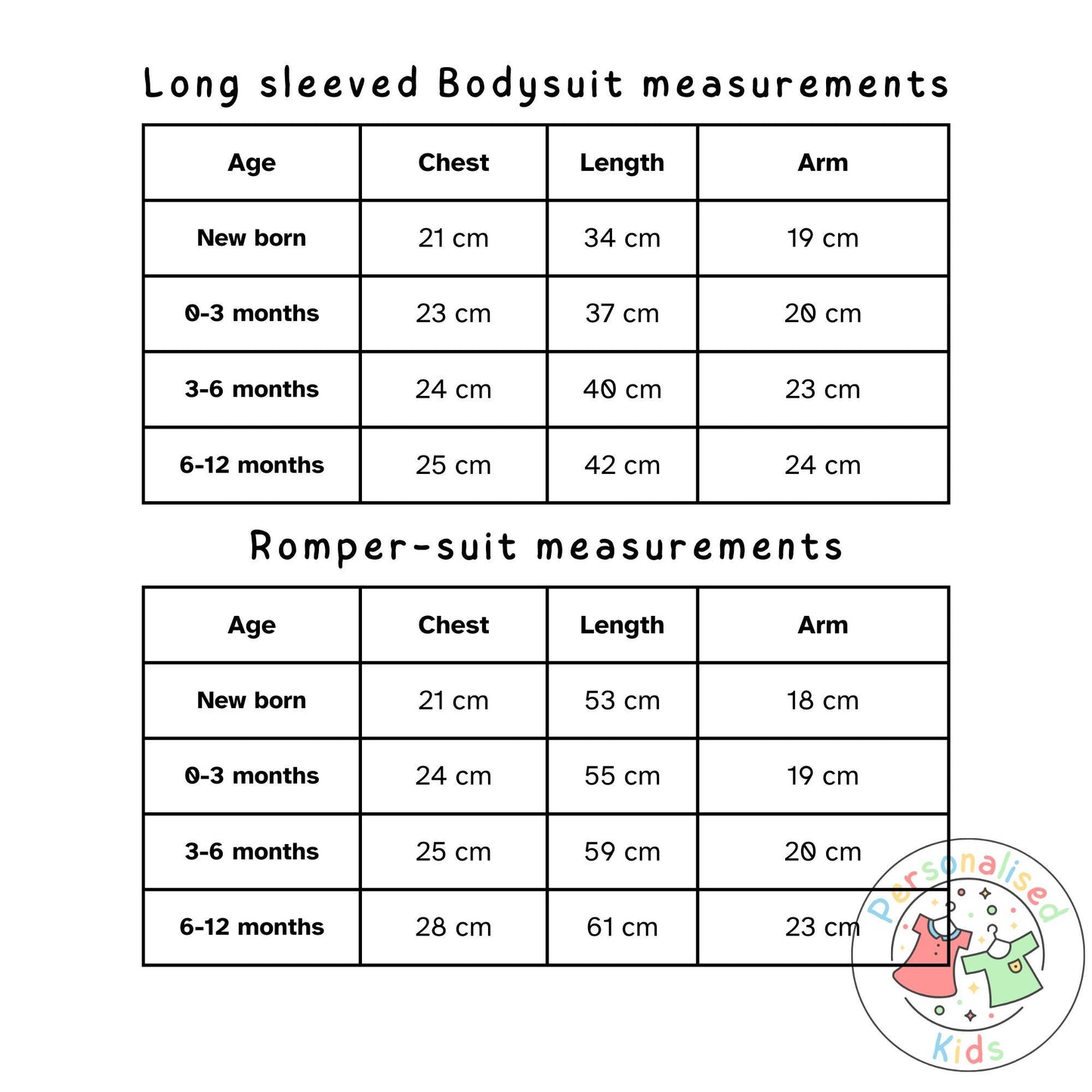 Size chart for children&#39;s tops and bottoms showing length, chest, arm, waist length measurements from new born to 5-6 years. Includes a &#39;Personalised Kids&#39; logo with cartoon clothing icons in the corner.