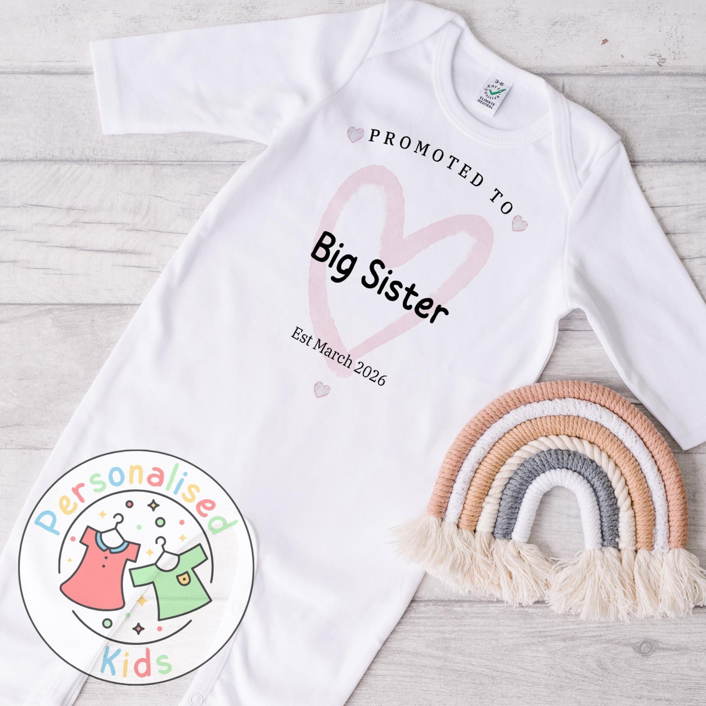 Celebrate the sweetest promotion with our adorable &quot;Promoted to Big Sister&quot; and &quot;Promoted to Big Brother&quot; outfits – perfect for pregnancy announcements, sibling reveal photos, or a thoughtful gift for the newest big sibling!