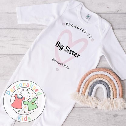 Celebrate the sweetest promotion with our adorable &quot;Promoted to Big Sister&quot; and &quot;Promoted to Big Brother&quot; outfits – perfect for pregnancy announcements, sibling reveal photos, or a thoughtful gift for the newest big sibling!